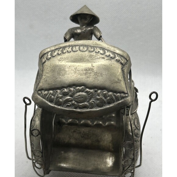 Rickshaw Figure Asian Silver Tone Metal Folk Art Vintage Pedicab Hand Crafted - Picture 3 of 5